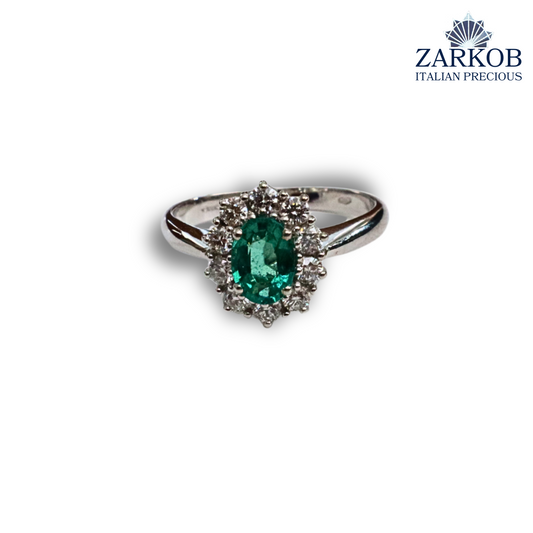 Anello Smeraldo 0,68 e Diamanti Naturali 0,40 ct in Oro Bianco gr. 4,00