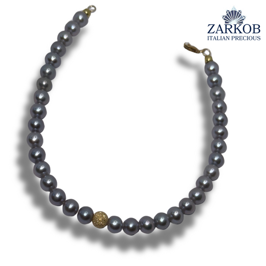 Bracciale Perle FW Grigie con Sfera Diamantata e Oro Bianco/Giallo