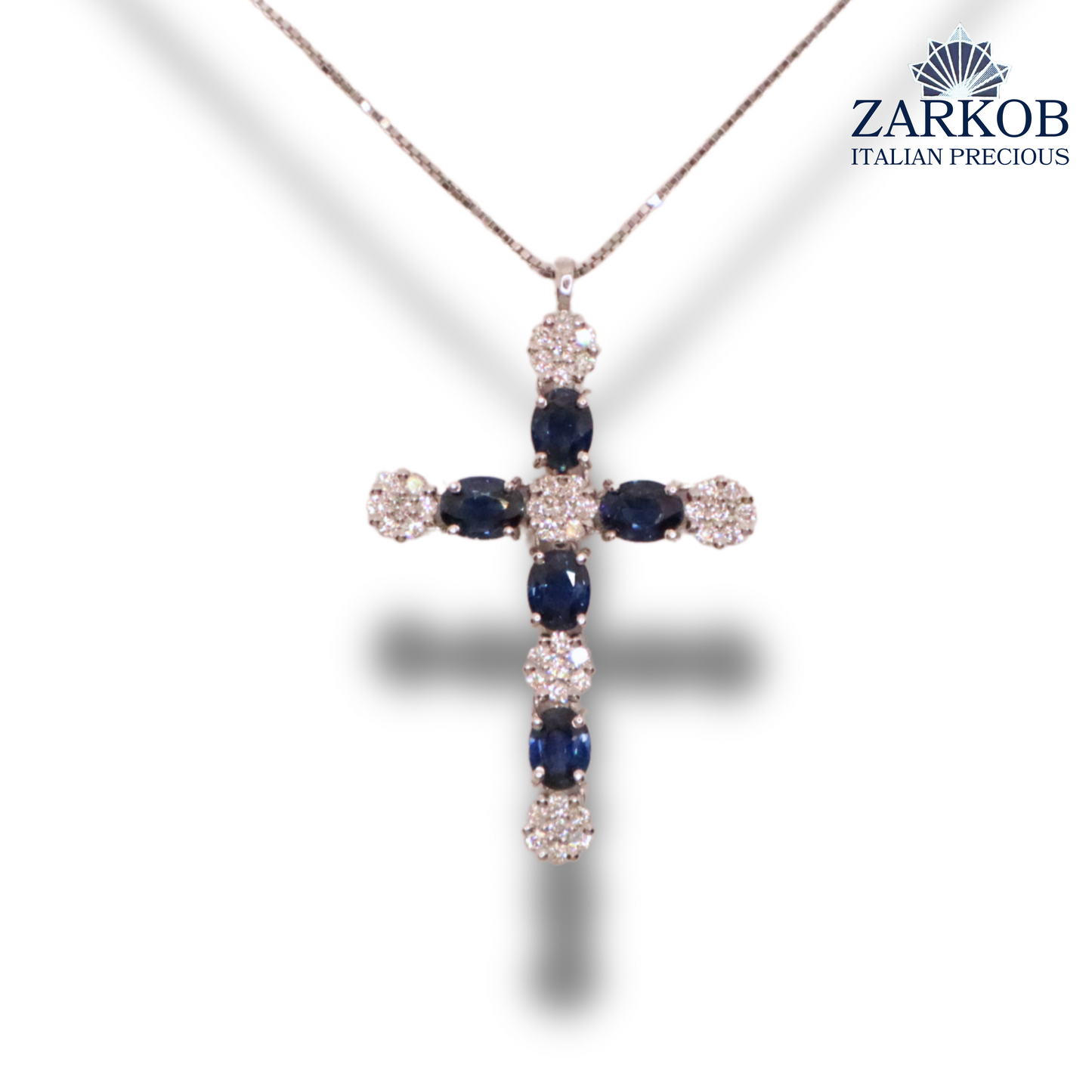 Collana Croce Oro Bianco gr.3,3 e Diamanti Bianchi 0,24 ct e Zaffiri Naturali (0,90)