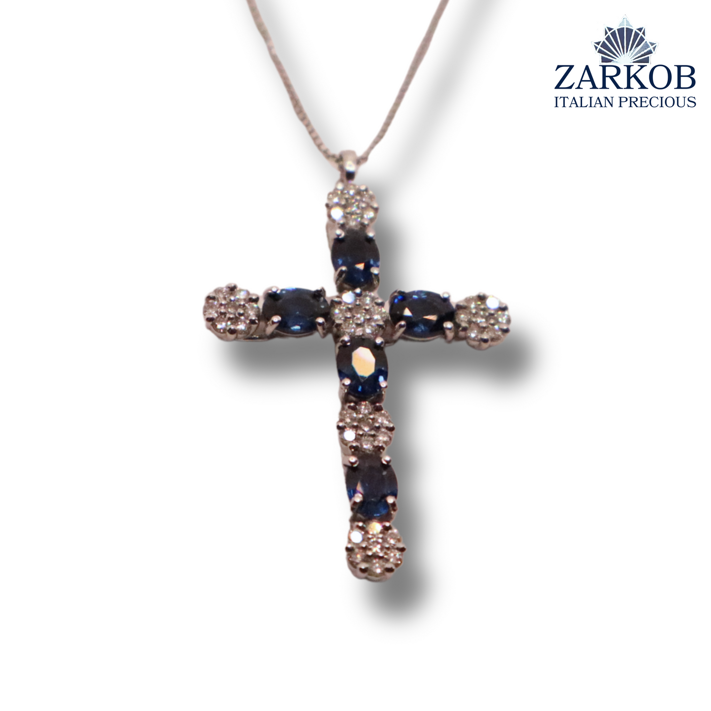 Collana Croce Oro Bianco gr.3,3 e Diamanti Bianchi 0,24 ct e Zaffiri Naturali (0,90)
