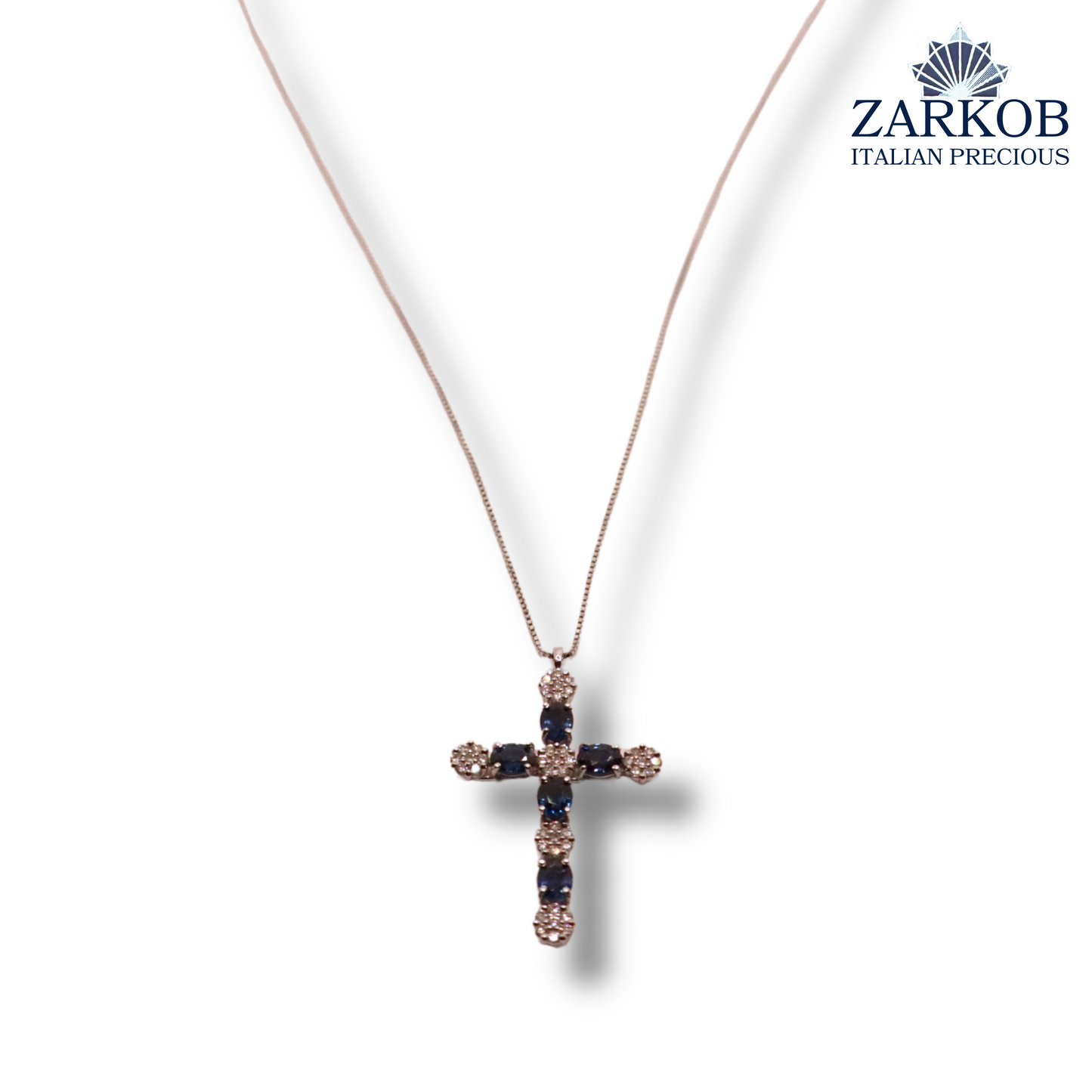 Collana Croce Oro Bianco gr.3,3 e Diamanti Bianchi 0,24 ct e Zaffiri Naturali (0,90)