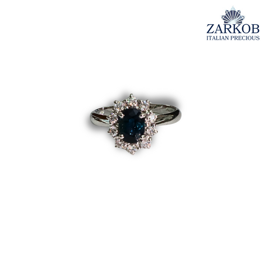 Anello Zaffiro 1,10 e Diamanti Naturali 0,35 ct in Oro Bianco gr. 3,80