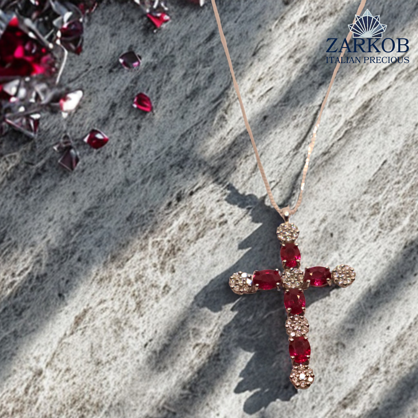 Collana Croce Oro Bianco gr.3,3 Diamanti Bianchi 0,24 ct e Rubini Naturali (0,70)