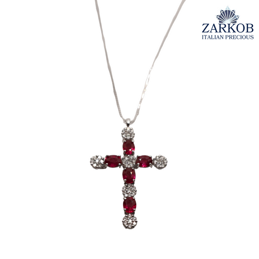 Collana Croce Oro Bianco gr.3,3 Diamanti Bianchi 0,24 ct e Rubini Naturali (0,70)