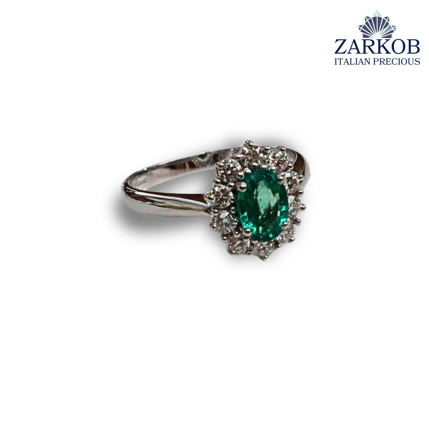 Anello Smeraldo 0,68 e Diamanti Naturali 0,40 ct in Oro Bianco gr. 4,00