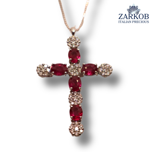 Collana Croce Oro Bianco  gr.3,3 Diamanti Bianchi 0,24 ct e Rubini Naturali (0,70)