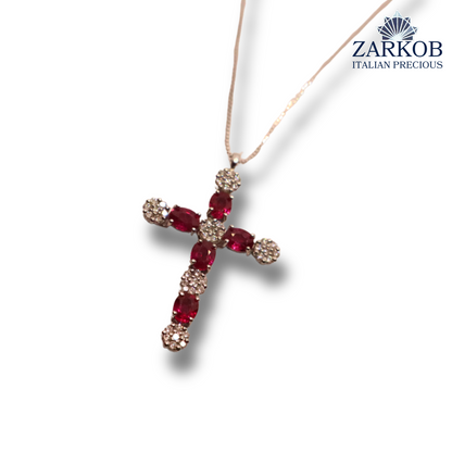 Collana Croce Oro Bianco  gr.3,3 Diamanti Bianchi 0,24 ct e Rubini Naturali (0,70)