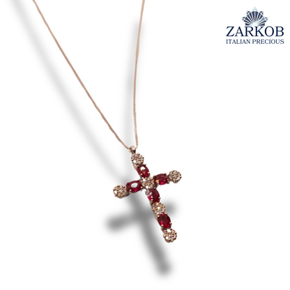 Collana Croce Oro Bianco  gr.3,3 Diamanti Bianchi 0,24 ct e Rubini Naturali (0,70)
