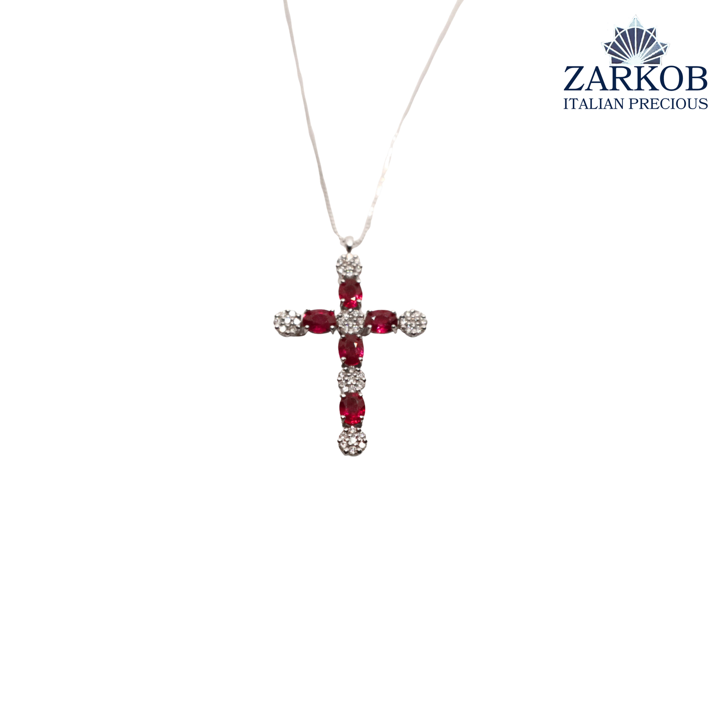 Collana Croce Oro Bianco  gr.3,3 Diamanti Bianchi 0,24 ct e Rubini Naturali (0,70)