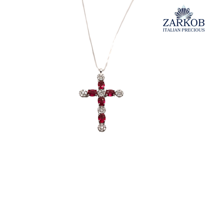 Collana Croce Oro Bianco  gr.3,3 Diamanti Bianchi 0,24 ct e Rubini Naturali (0,70)