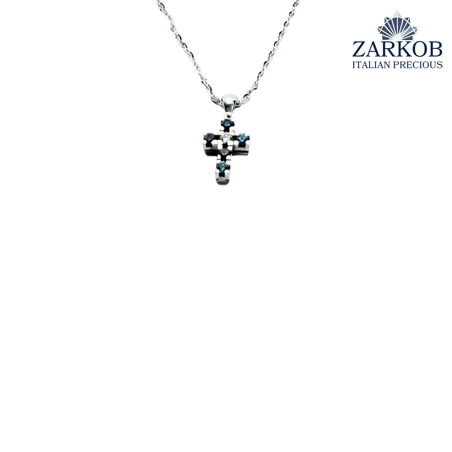 Collana Croce Oro Bianco gr. 3,6 e Diamanti Blu 0,22 ct. e Diamanti Bianchi 0,05 ct.