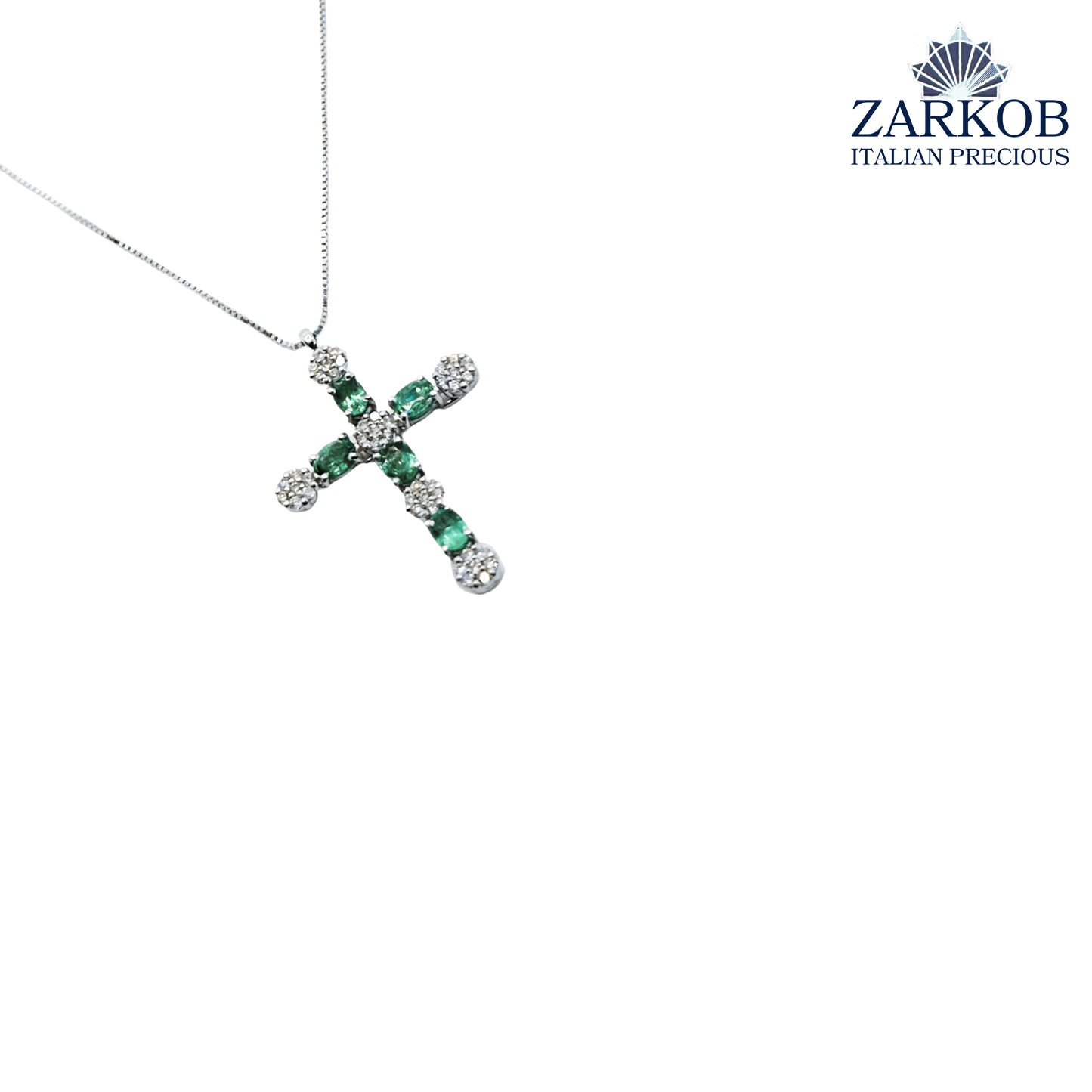 Collana Croce Oro Bianco gr.3,3 e Diamanti Bianchi 0,24 ct e Smeraldi Naturali (0,65)
