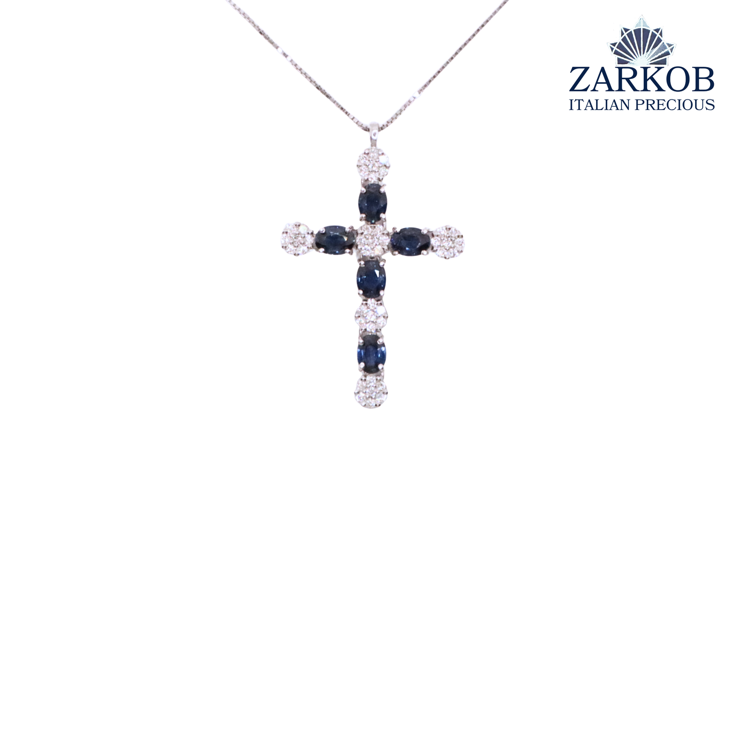 Collana Croce Oro Bianco gr.3,3 e Diamanti Bianchi 0,24 ct e Zaffiri Naturali (0,90)