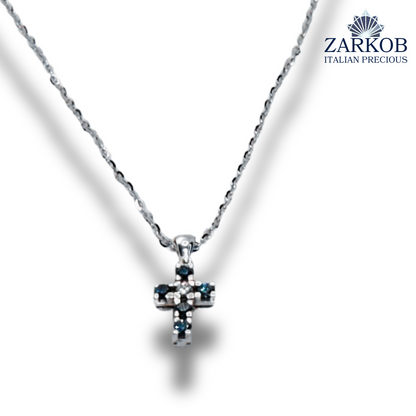 Collana Croce Oro Bianco gr. 3,6 e Diamanti Blu 0,22 ct. e Diamanti Bianchi 0,05 ct.