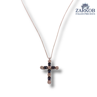 Collana Croce Oro Bianco gr.3,3 e Diamanti Bianchi 0,24 ct e Zaffiri Naturali (0,90)
