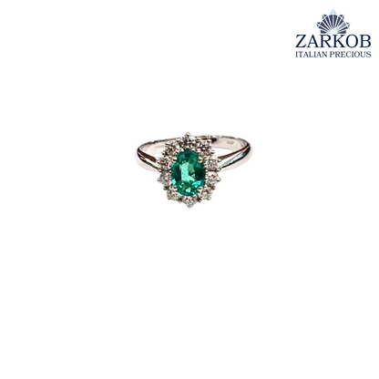 Anello Smeraldo 0,68 e Diamanti Naturali 0,40 ct in Oro Bianco gr. 4,00